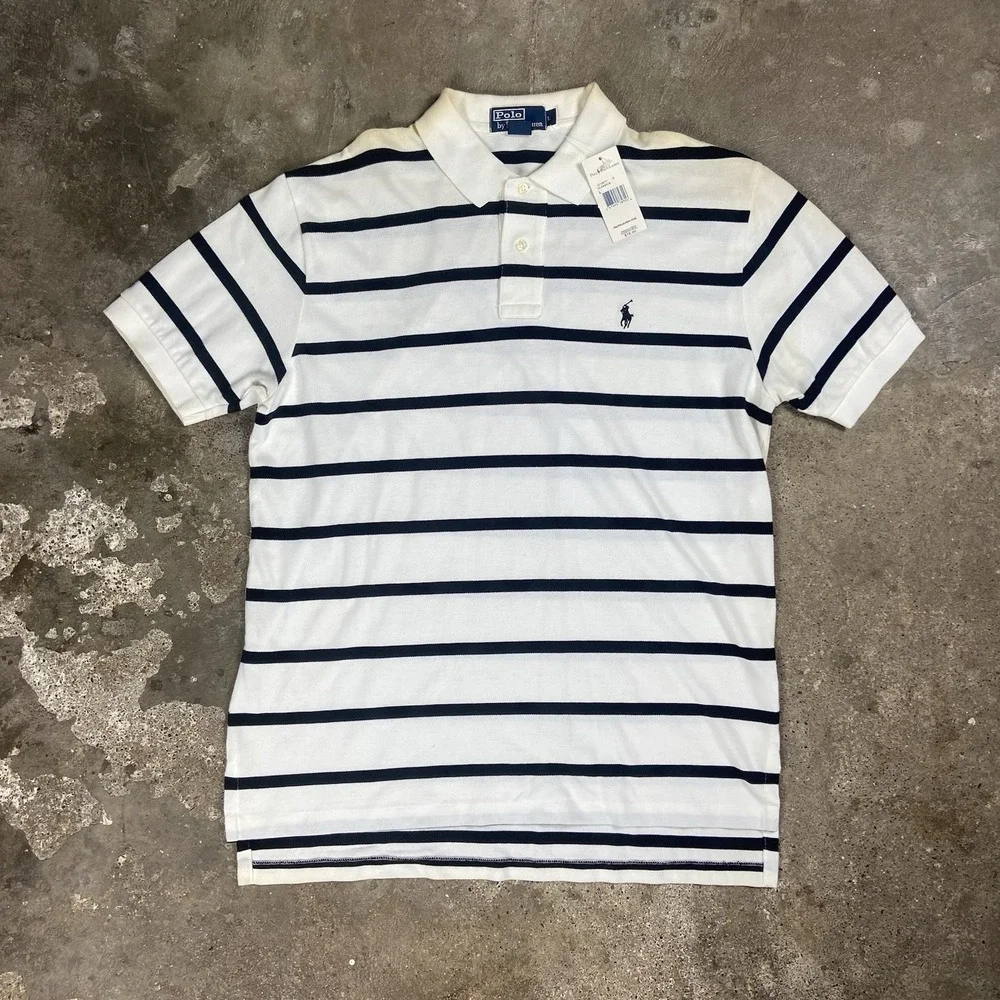 NWT Vintage 90s Polo Ralph Lauren Polo Shirt Size Large Black Striped Pony Logo